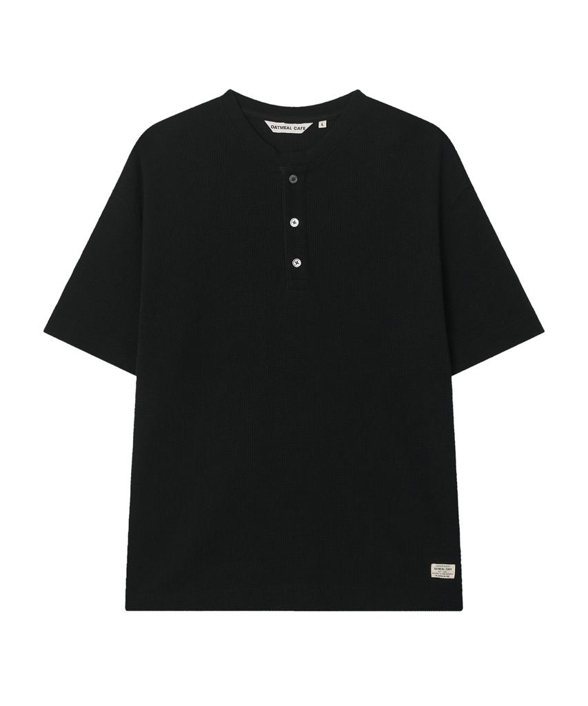 Oteumilkape Waffle Henley Neck T-Shirt - Black