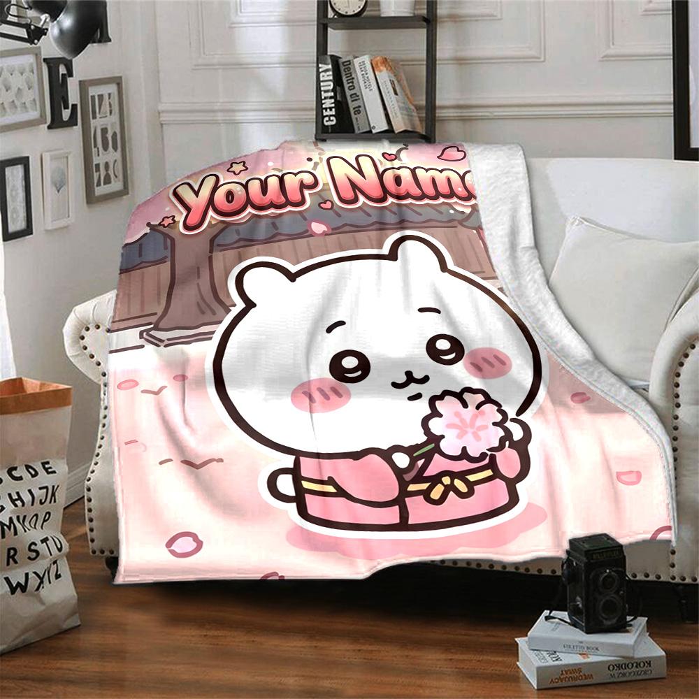 1pc Chiikawa Blanket with Custom Name, Gift, for Men and Women, Soft Blanket, Good for Sofa Bed Couch Travel, Lightweight Flannel Blanket