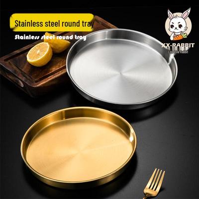 Korean Style Stainless Steel Round Golden Tray for Cold Noodles, Rice, or Steaming – Thickened Flat Bottom Plate