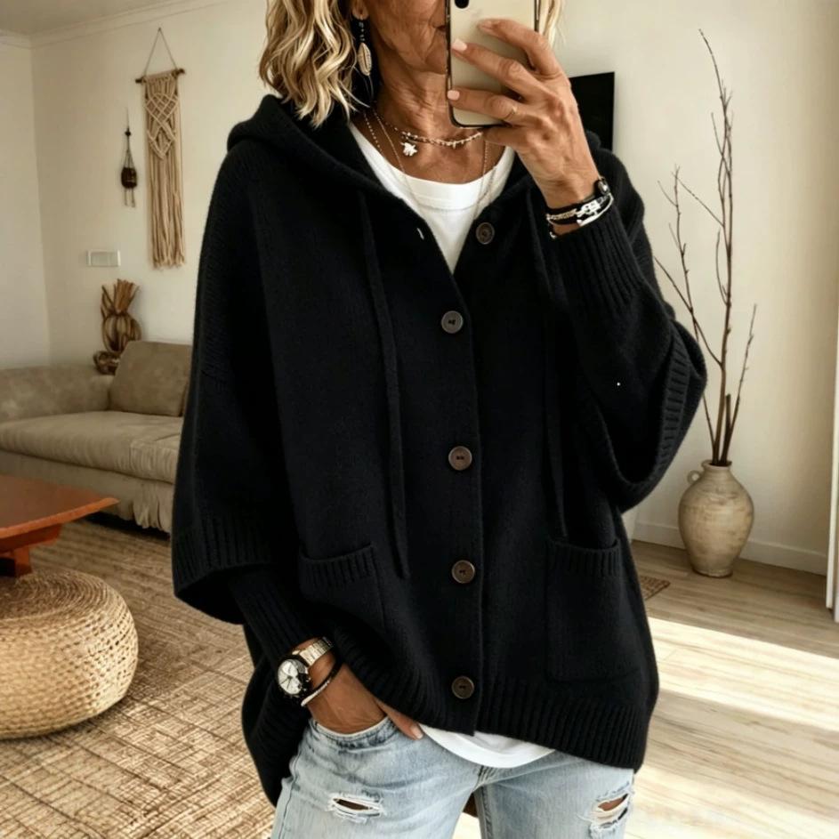 2026 European and American button-knitted hooded sweater cardigan jacket autumn and winter new solid color casual fashion women's clothing