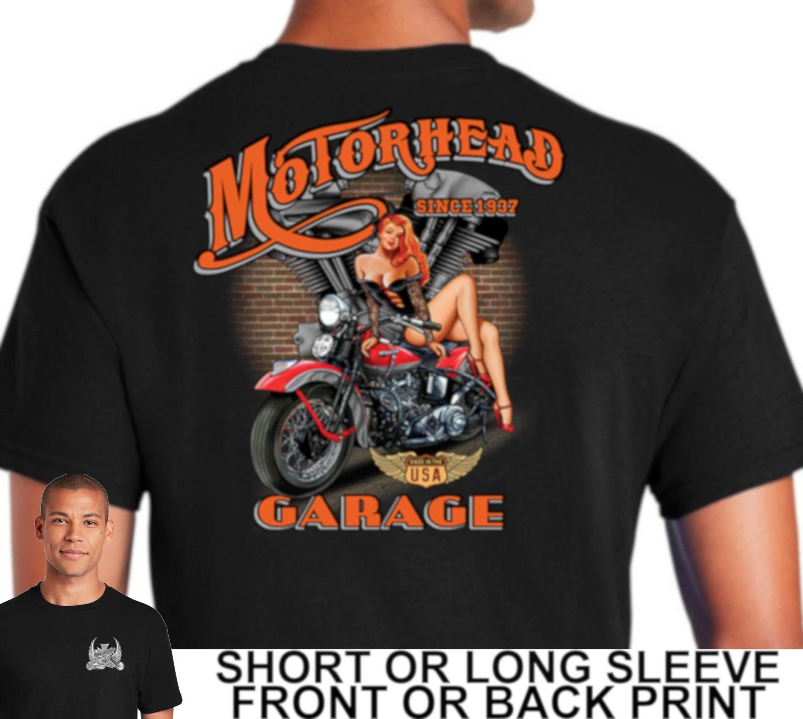 Biker Motorhead Garage Sexy Girl Posing Classic Flathead Motorcycle Mens Shirt L