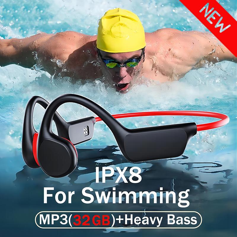 True Bone Conduction Headset IPX8 32GB Bluetooth 5.3 Kabelloser Schwimmkopfhörer mit Mikrofon Wasserdicht Übung Fitness