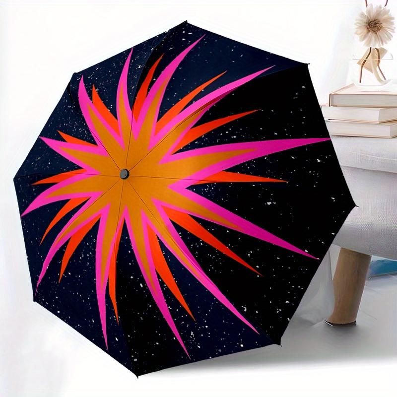 1pc Automatic Open/Close Folding Umbrella with Cosmic Burst Design - Pink & Orange Starburst on Black, 8-Rib Compact Travel Um
