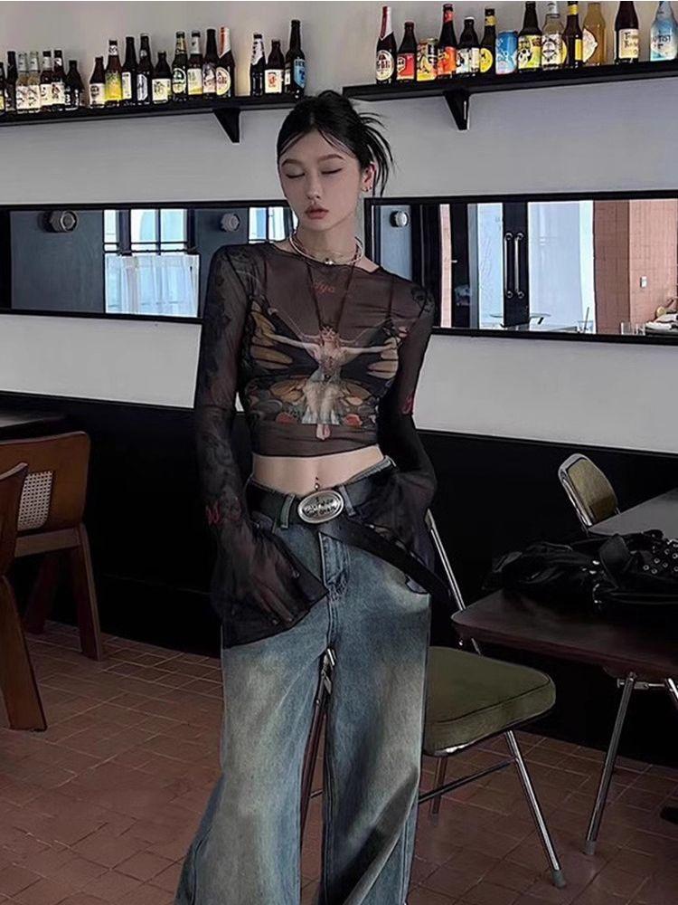 

Корейские простые футболки со шнуровкой и принтом, весенние новые облегающие сетчатые топы для женщин Y2k E-Girl с длинным рукавом, футболка с короткими рукавами One Size чёрный