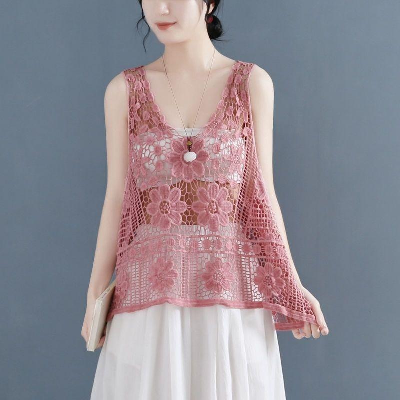 Vintage Women's Lace Vest Summer Thin Jacquard Vest Cotton Black Loose Openwork Embroidered Vest