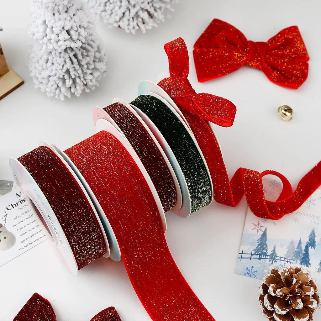 Green Velvet Ribbon with Gold & Silver Glitter Thread for DIY Hair Accessories