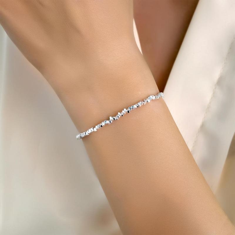 925 Sterling Silver Irregular Beaded Bracelet for Women Fashion Sparkling Crushed Silver Chain Bracelets Dainty Daily Jewelry