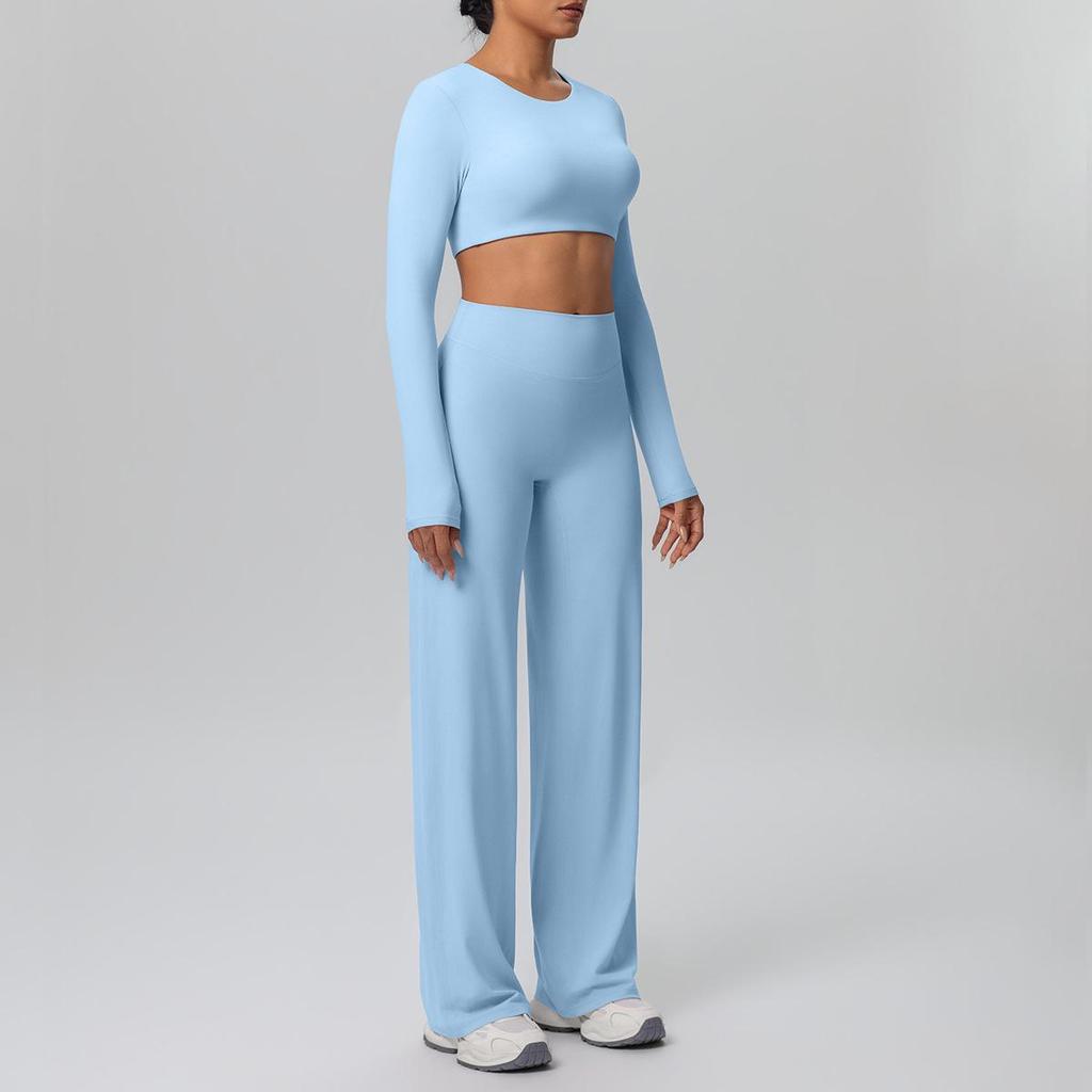 European Sportswear Yoga Set: Long Sleeve Top with Chest Pads and Breathable Straight-Leg Pants for Women