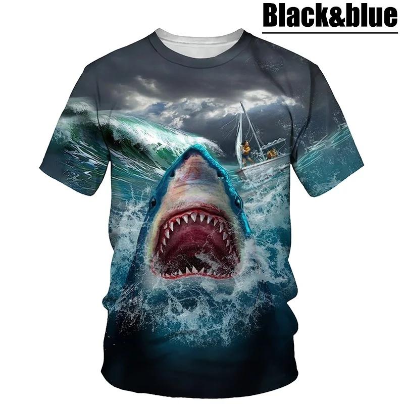 Hot New Men's T-Shirt with Large White Shark Print, Vintage Summer Casual Fashion, Crew Neck Short Sleeve Top