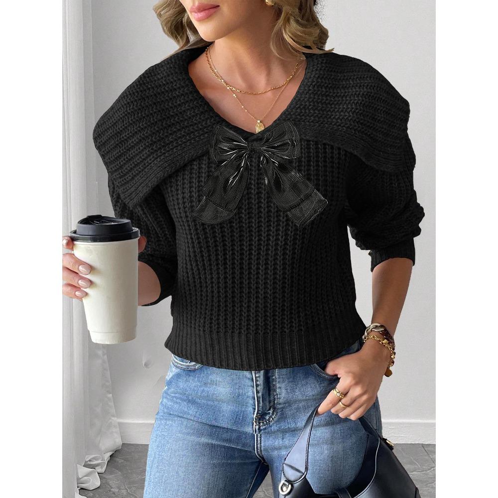 Women’s Cropped Top: Woven Knitwear, Autumn/Winter, Large Lapel, Bow Detail, Patchwork Pullover