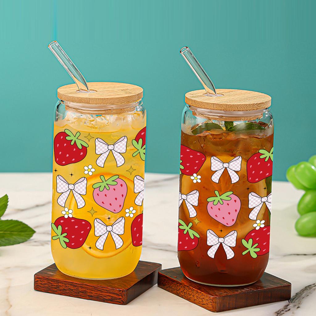 16oz Strawberry Bow Printed Drinking Glass Can With Bamboo Lid Straw Various Patterns Iced/Coffee Tumbler For Christmas Gift