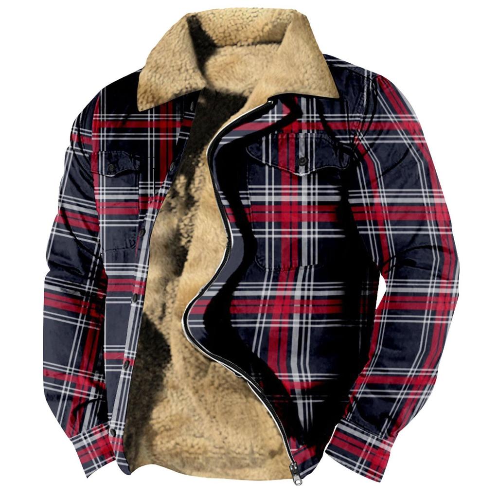 Men's Plaid Print Fleece Thickened Coat Jacket Men's Casual Fashion Warm Coat