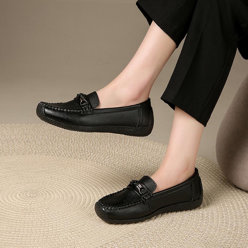 Women s Lightweight Leather Loafers Metal Buckle Slip-On Shoes Comfortable Non-Slip Casual Footwear 35