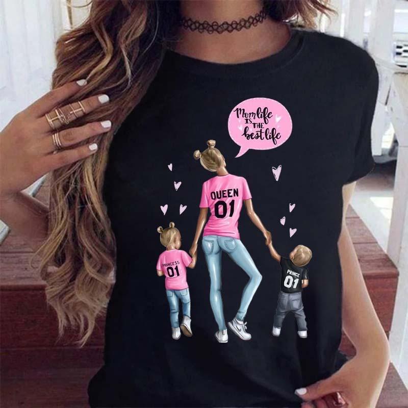 Maycaur Women Cartoon Mom Mother Boy Girl Print Mother Lady T-shirts Casual Top T Shirt Ladies Womens Graphic Female Tee T-Shirt
