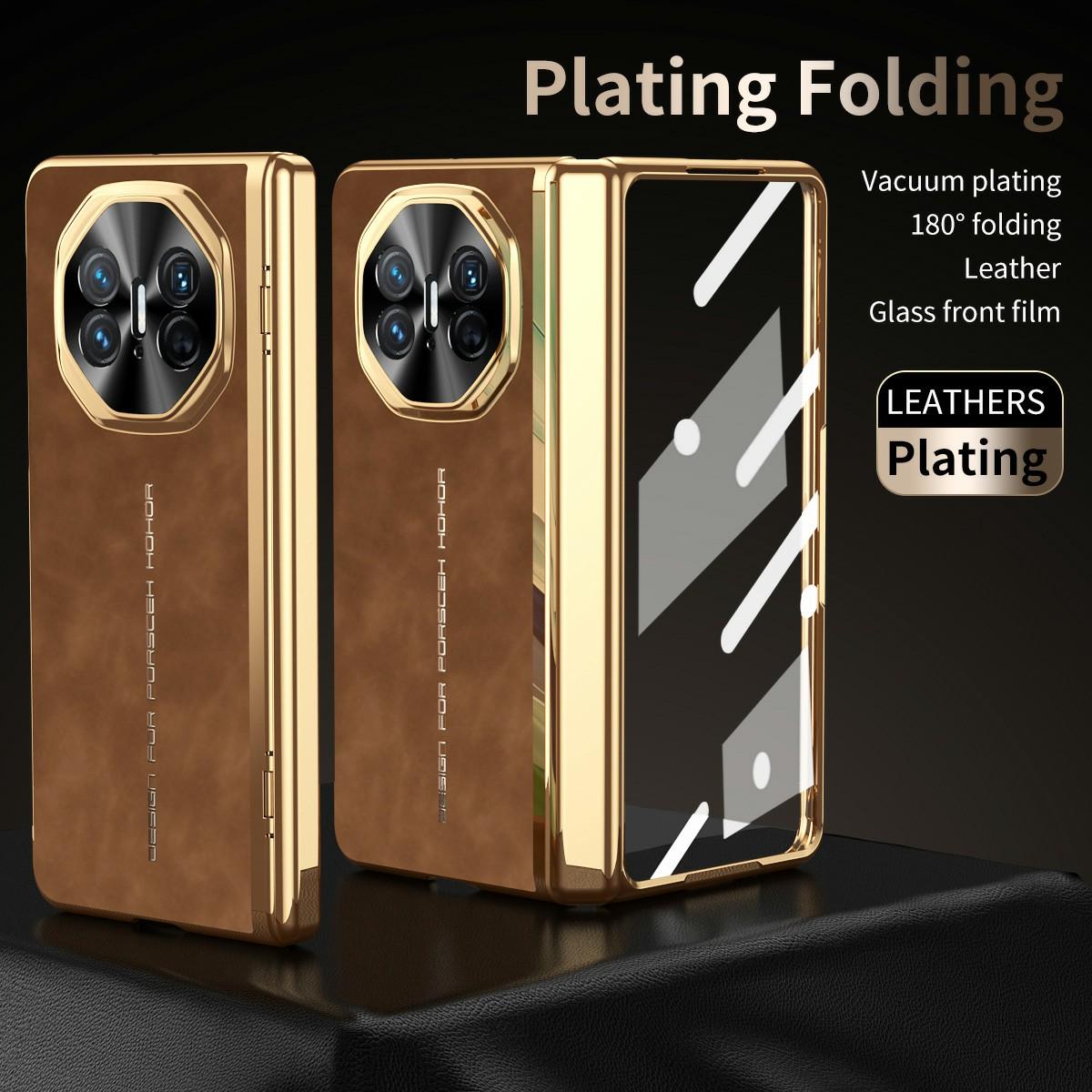 

For Huawei Mate X3 4G Phone Case with Tempered Glass Film Electroplating Leather+PC Mobile Cover Brown