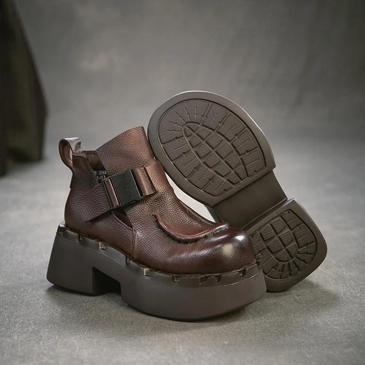 Johnature Commuter Retro Thick Soled High Heels Pumps Versatile Genuine Leather Women's Platform Shoes