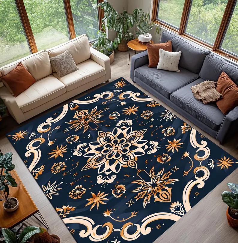 Luxury European Baroque Pattern Carpet Mat Rug Home Decor Vintage Floral Floor Area Rug Living Room Bedroom Elegant Dark Gold