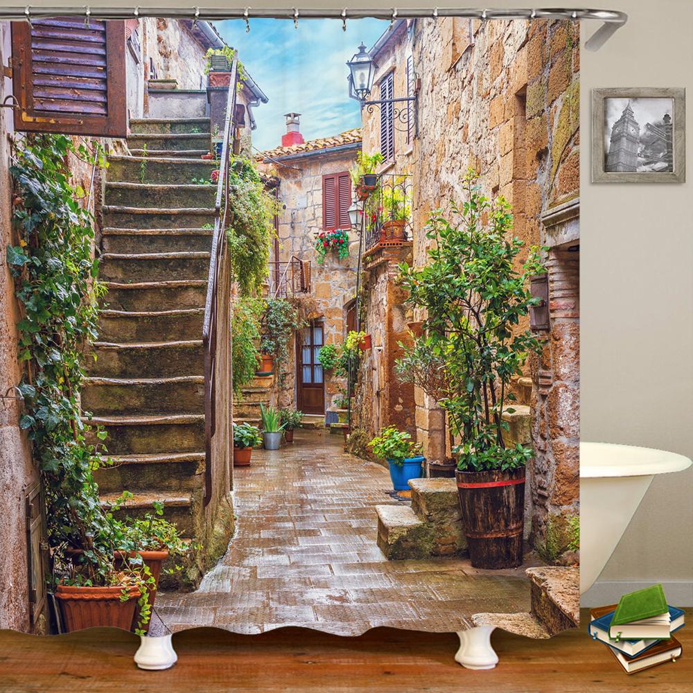 Retro Landschaft Duschvorhang Pflanze Blume Garten Natur Szenerie Wasserdichtes Gewebe Polyester Badezimmervorhang Badezimmer Zubehör