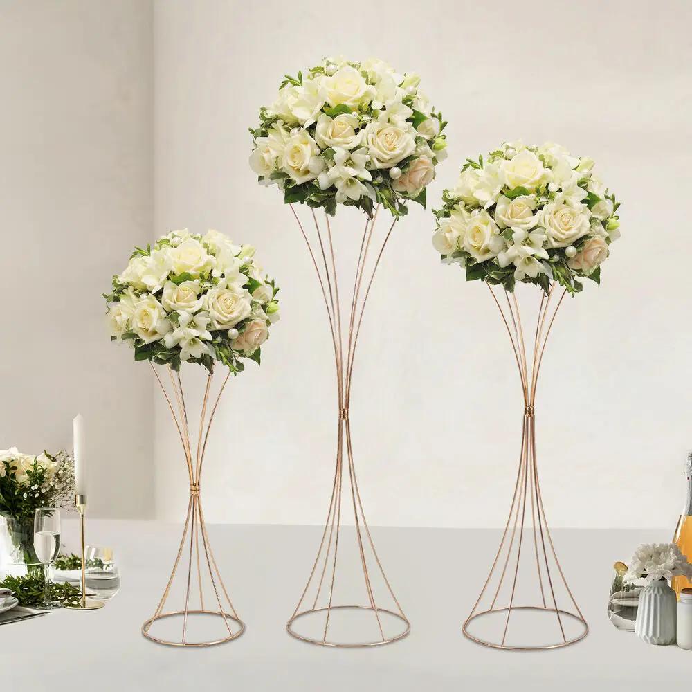 Elegant Gold Table Centerpiece Flower Stand Set of 3 - Modern Hourglass-Shaped Iron Floor Vases - Versatile Wedding Aisle Decor