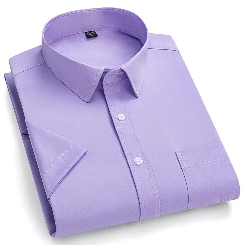 Camisa Masculina de Verão Não Amassa Anti-Rugas Casual de Negócios Cor Sólida Elástica Lisa Manga Curta Trabalho Social