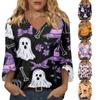 Womens Halloween Print V Neck Three Quarter Sleeve Casual Top Lightweight Loose Fit Pullover Blouse for Autumn and Spring