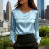 Women's Long-sleeved Satin  Color Shirt. Pearl Button Collar. Round Neck Silky Smooth Business Casual Top