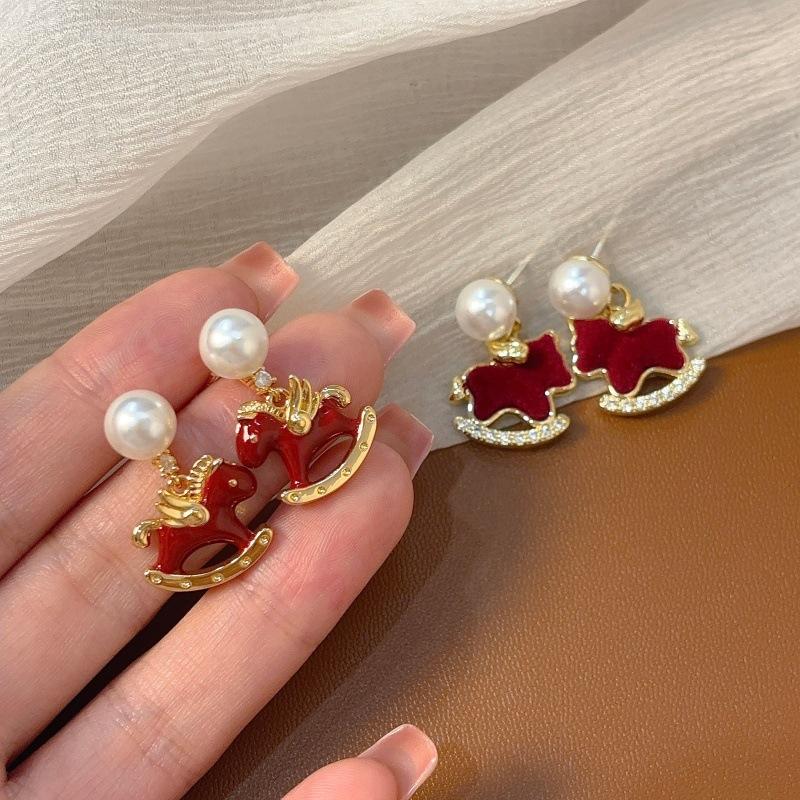 New Year Red Velvet Small Horse Pearl Earrings - Elegant Stud Earrings