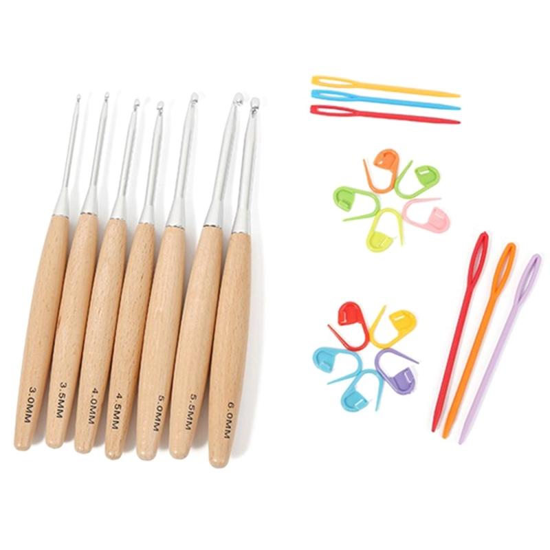 7PCS Wooden Handle Crochet Hook with Big Eye Needle Stitching Marker, Storage Bag for DIY Crochet Craft Hand Stitching