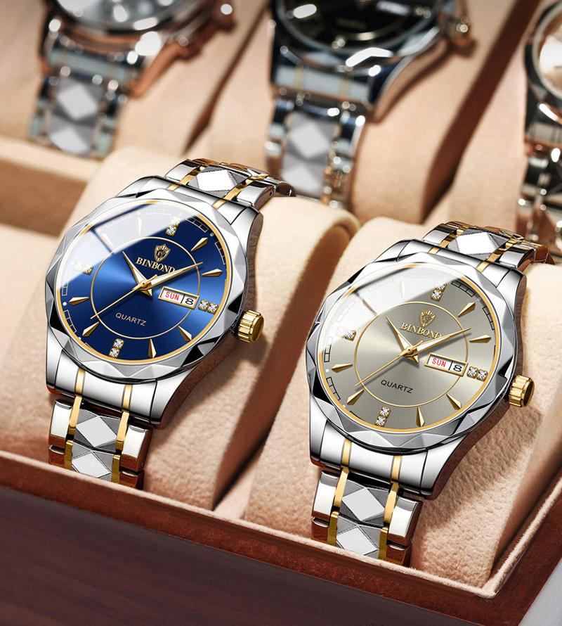 Couple's Watch Stainless Steel Business Double Calendar Waterproof Men Watch Luxury Gold Women Fashion Quartz Wristwatches Gift
