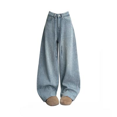 Women's High Rise Loose Fit Flared Jeans Casual Rhinestone Denim Pants With Sparkle
