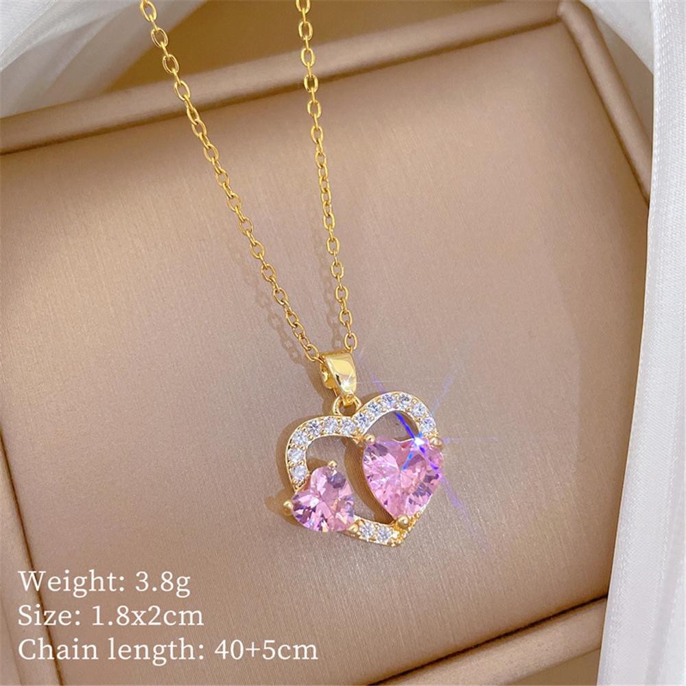 Elegant Charm Female White Pink Zircon Stone Skeleton Heart Pendant Necklace Gold Color Wedding Jewelry For Women