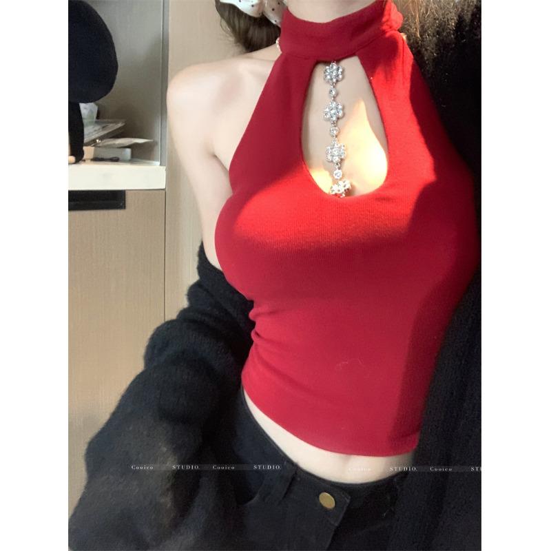 

Women s Red Sexy Hollow Halter Camisole – Slim-Fit Summer Top S Premium красный