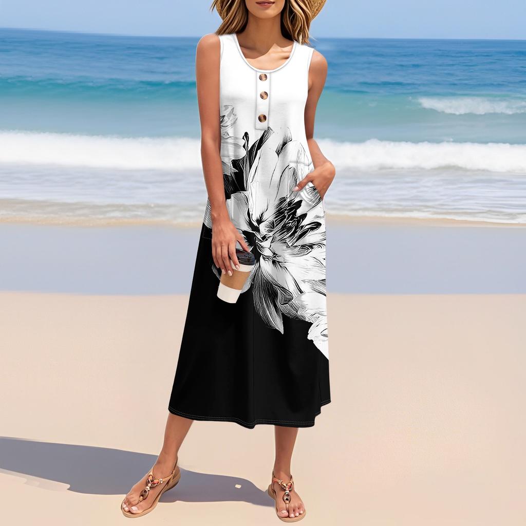 Women's Summer Floral Print Dress Sleeveless Button Down Casual Loose Long Beach Sundress