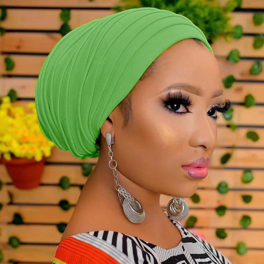 New Candy Color Head Wraps Muslim Hijab Bonnets Fashion Headwear Pleated Turban Cap for Women African Auto Geles Aso Oke Headtie