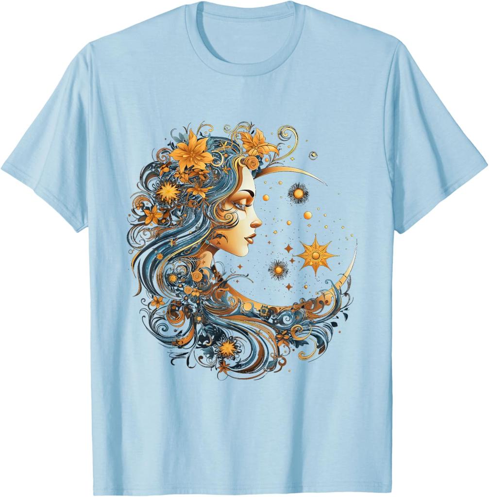 Mystic Celestial Woman Moon Flowers Graphic Print Cotton Crew Neck T-Shirt Unisex Casual Trip Wear