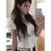 White Puff-sleeved Short-sleeved Shirt for Small Women, Summer and Korean Style Chic Ribbon Waist Short Top