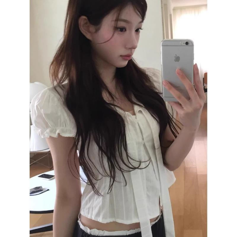 White Puff-sleeved Short-sleeved Shirt for Small Women, Summer and Korean Style Chic Ribbon Waist Short Top