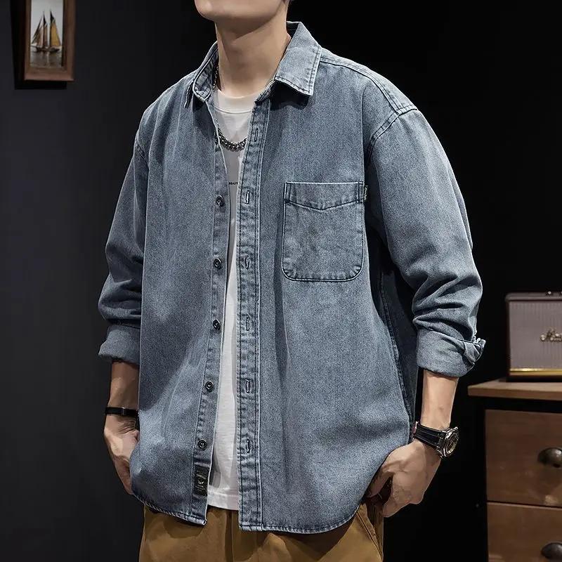 Spring Autumn Men Retro New Casual Work Jacket Denim Shirt Blue Long Sleeve