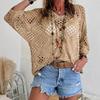 Women Tops V-Neck Three-quarter Sleeves Loose Fit Knitted Tops Pure Color Hollow Design Summer Casual Blouse