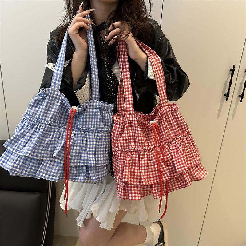 Cute Plaid Cotton Tote Bag Large Capacity Ruffle Handbag Large Capacity Shoulder Bags  Sweet Commuting Bag For Women Gift