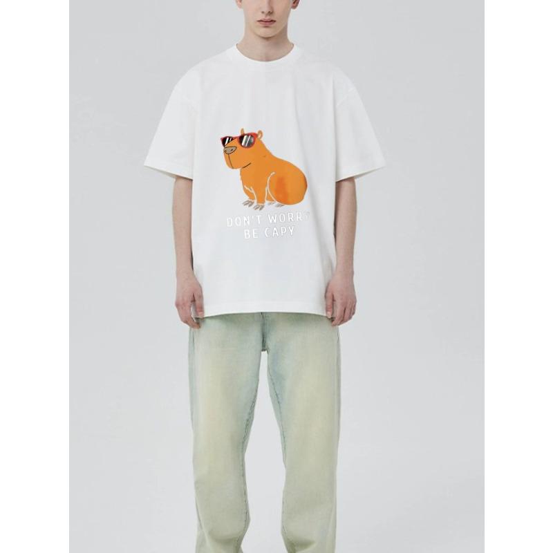 Tričko s kulatým výstřihem Černé Kapybara se slunečními brýlemi a textem Don't Worry Be Capy Ležérní oblečení pro muže a ženy