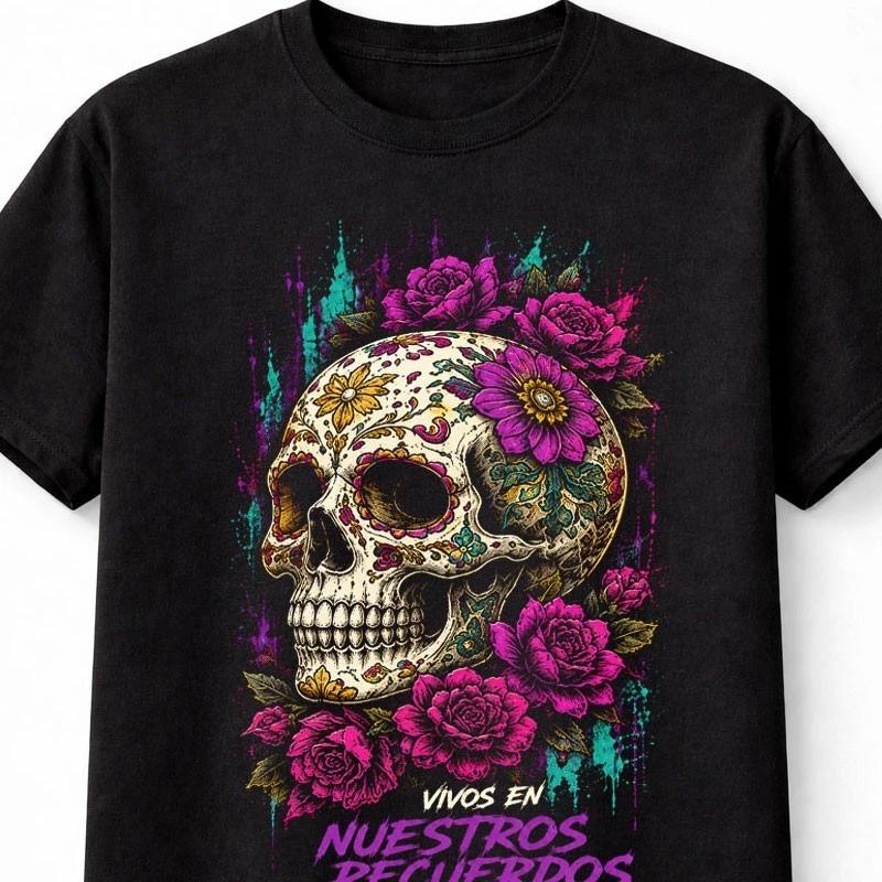 Dia de los Muertos Sugar Skull Floral Remembrance Art Unisex TShirt S