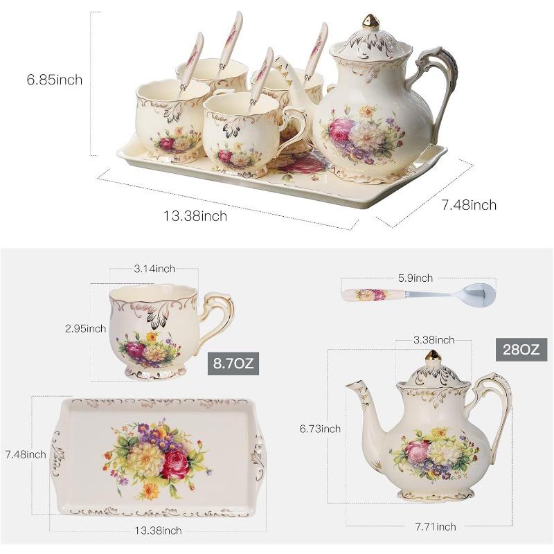 Porcelain Tea Set, Vintage Flowering Shrubs Teapot and Cups Set for Tea Party, Birthday Gifts for Mom Adults Women Wedding