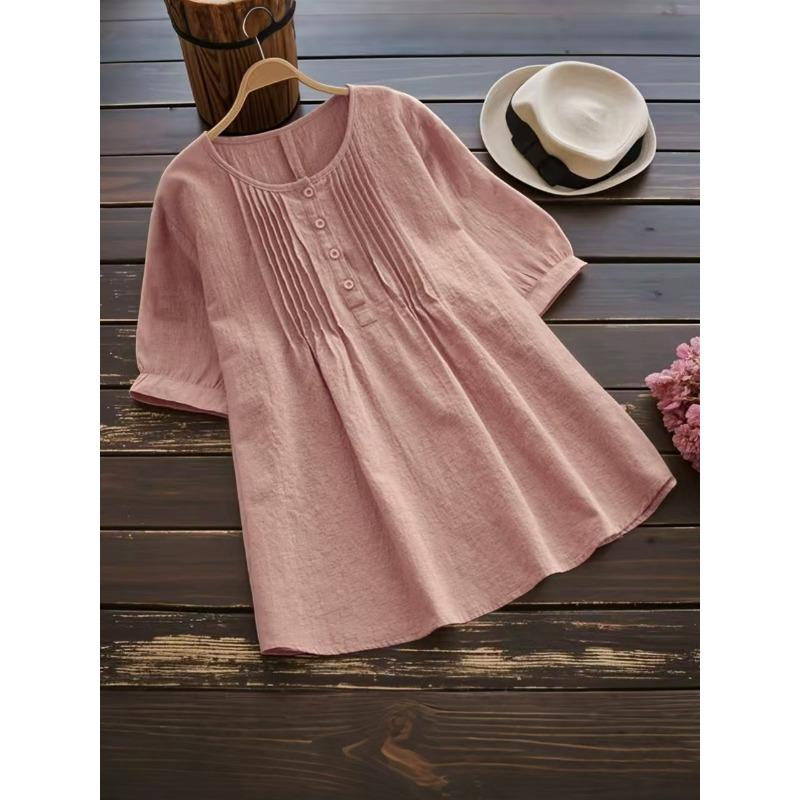 JPNTKY Women's Fashion Casual Solid Color Print Short Sleeve O-Neck Blouses & Shirts