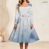 Women Plus Size Square Neck Long Sleeve Multicolor Printed A Line Dress With Belt Pockets