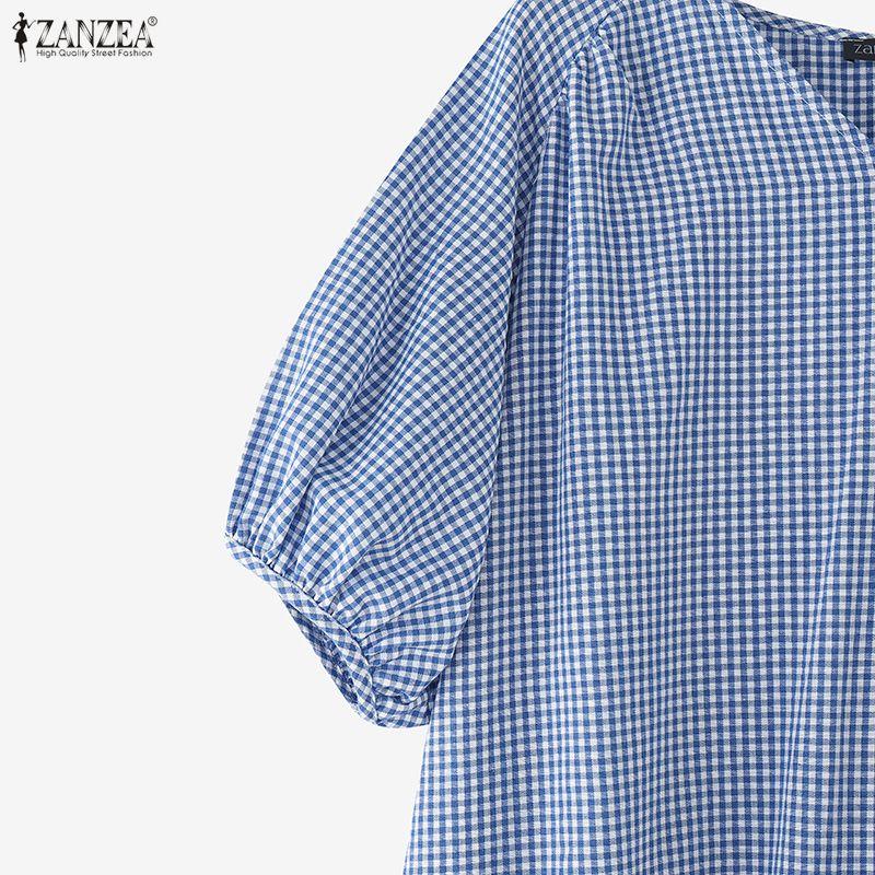 ZANZEA Women Casual V-Neck Loose Half Sleeve Grid Print Long Dress