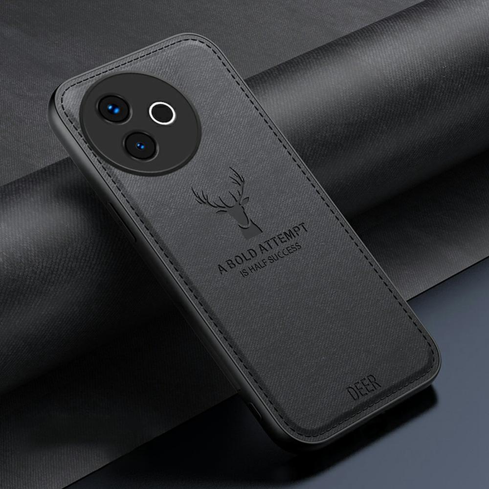 

For vivo Y300i 5G Case Deer Pattern Cloth Texture PU+PC+TPU Phone Cover Black
