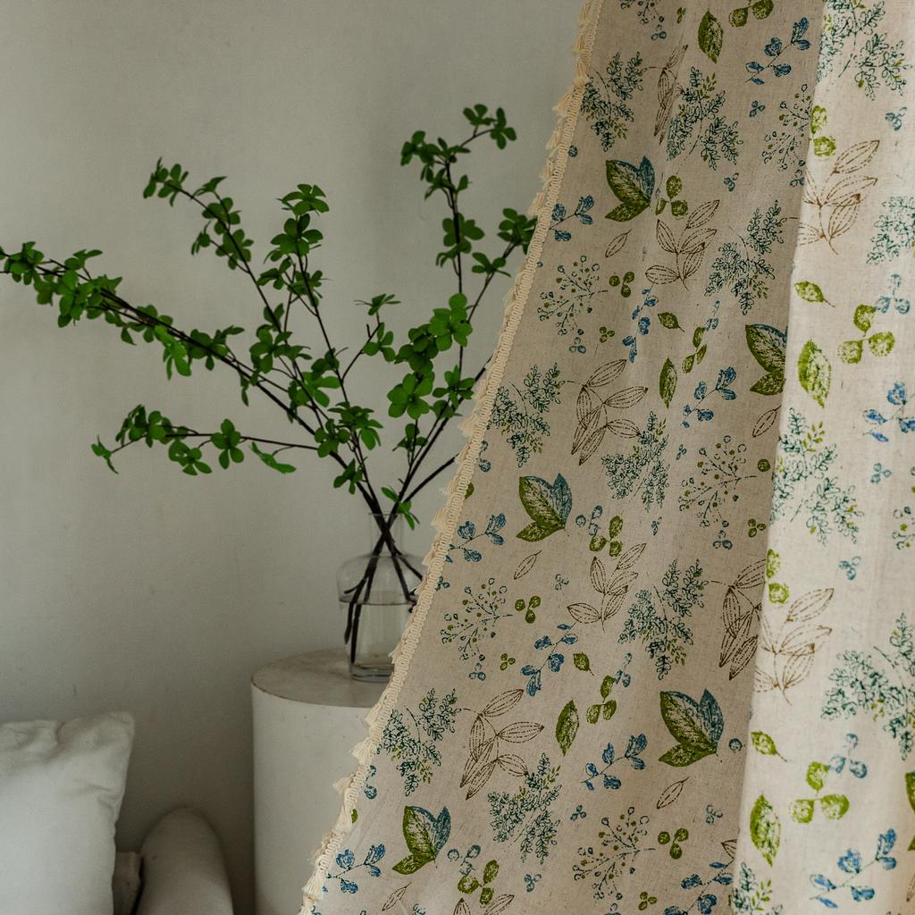 Pocket Curtains, Cute Green Leaves, Flowers, Cotton And Linen, Japanese-Style Korean Short Curtains, Coffee, Half Curtains, Small Windows, Cupboards