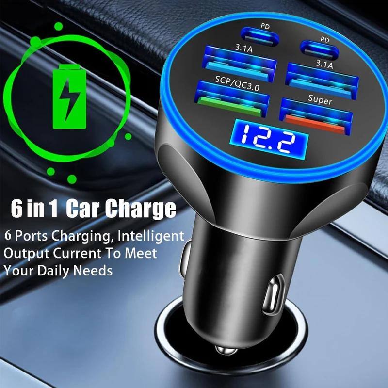 UYUXIO 6 in 1 USB C Car Charger Adapter Dual PD with Voltage Display QC 4.0 AFC Super Fast with Volt Meter for Samsung iPhone