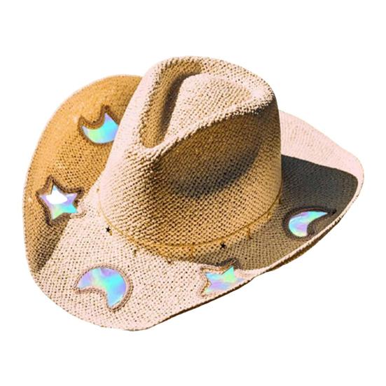 Women Hat Hat Wide Brim Star Straw Bohemian Style Breathable Woven